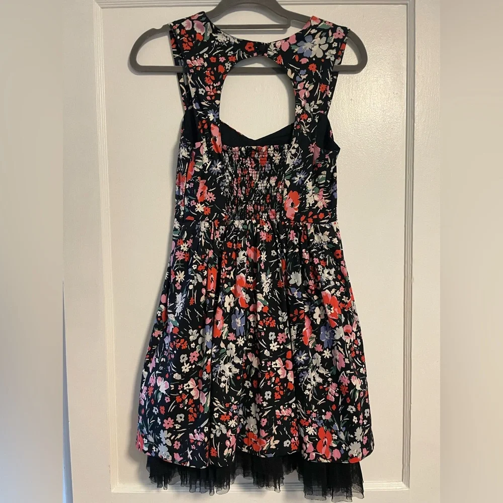 Free People Black Floral Midi Dress with Red & Pink Blooms size 4